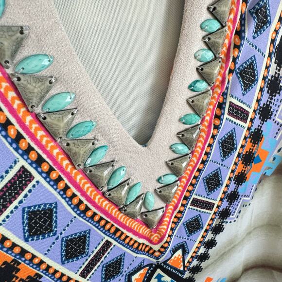 Hale Bob Colorful Aztec Beaded 3/4 Sleeve Stretchy Pullover Knee Length Dress L - Picture 4 of 8